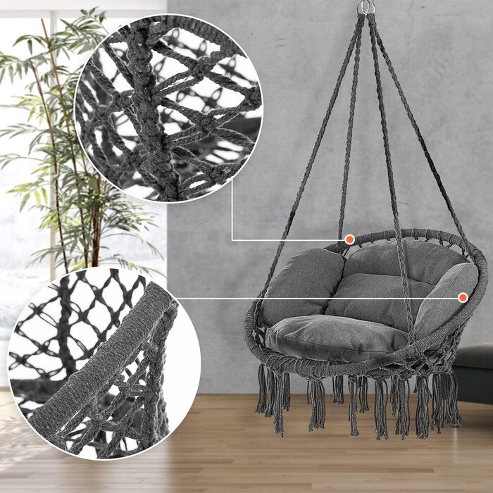 DETEX® Гамак-крісло підвісне до 150 кг, Boho стиль, стійке до погодних умов, сертифікат GS, для саду, 360° обертання, антрацит, для дому та вулиці, з зручною подушкою