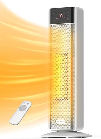 Керамічний електрообігрівач PELONIS 2000W з термостатом, дистанційним керуванням, 75° обертанням, таймером 24 години, енергозберігаючий, тихий, для спальні, 58 см, білий