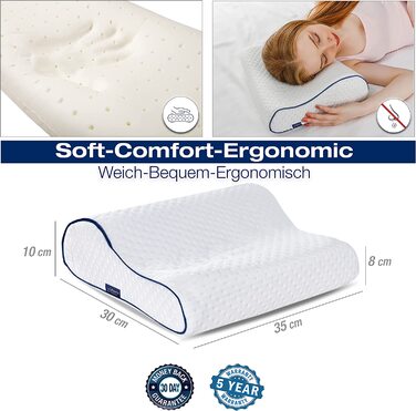 Подушка для подорожей Alkamto з ергономічною формою, memory foam, температурний контроль, додатковий бавовняний чохол, сумка для транспортування, 35x30x10/8 см, біла, для кемпінгу та сну