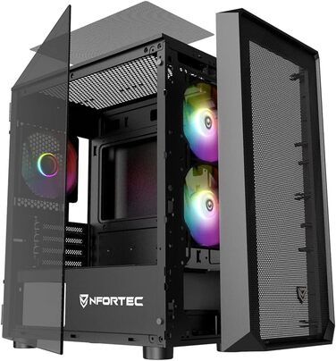 Корпус для ПК Nfortec DYS Mini Tower (MATX), 3x 120 мм ARGB вентилятори, металева сітка, бокова панель із загартованого скла, чорний