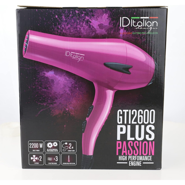 Професійний фен для волосся ID Italian Design 2200W, 3 температури, 2 швидкості, насадка для укладання, рожевий