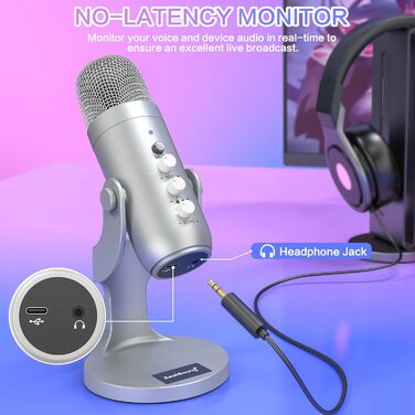 Zealsound USB мікрофон K66 сріблястий для подкастів, ПК, смартфонів, PS4/5, з шумозаглушенням, кнопками вимкнення/ехо/гучності, для ігор, запису, стрімінгу, YouTube, сумісний з Mac, Windows, Android