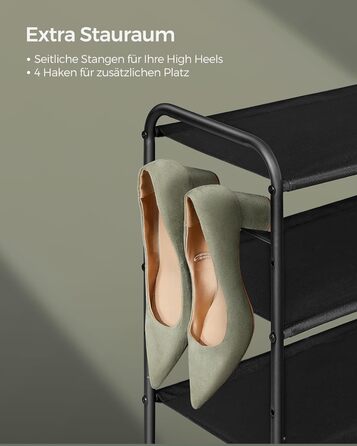 SONGMICS стелаж для взуття, 3 рівня, тканинний, з 4 боковими гачками, на 12 пар, регульована полиця, для коридору, легке збирання, чорний