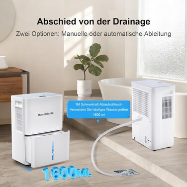 Повітряний осушувач Macchiatto Elektrischer Kompakt 16л для приміщень до 80м³ (32м²) з автоматичним режимом та колесами