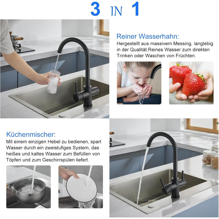 Змішувач для кухні 3 в 1 з фільтром для води, поворотний на 360°, латунний, двовентильний, чорний Hochbogen
