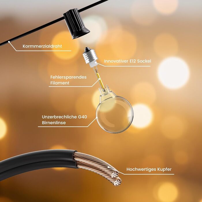 LED гірлянда вулична 15м, 16 ламп, IP65, теплий білий 2700K, для саду, тераси, весіль