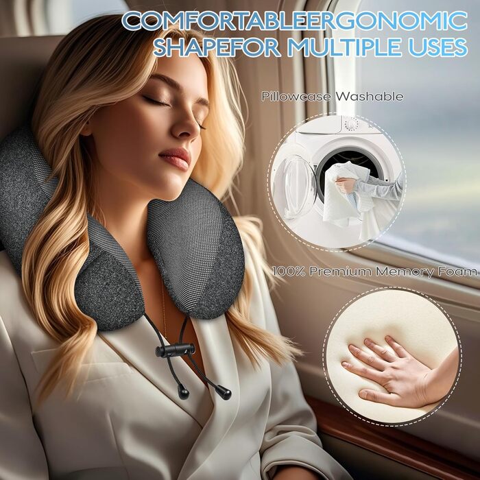 Подушка під шию для подорожей з ефектом пам'яті (Memory Foam) з 3D-маскою для сну та берушами, сіра