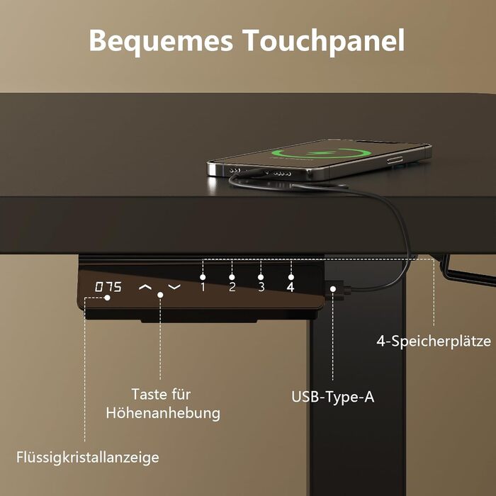 Електричний регульований стіл Triumphkey 200x80 см, чорний: стоячий стіл з двома двигунами, сенсорним екраном, USB-A та кабельним менеджментом, ергономічний офісний стіл