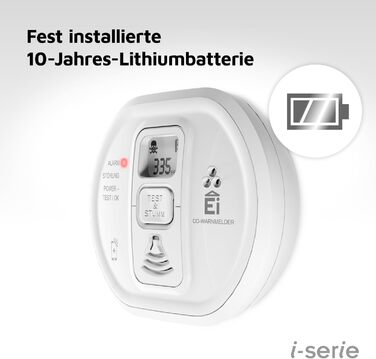 Детектор чадного газу Ei Electronics Ei208D з LCD-дисплеєм, 10 років роботи від батареї, автономний, білий (i-Series з дисплеєм)