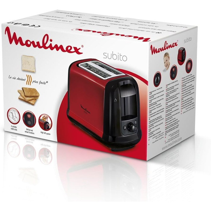 Тостер Moulinex LT261D Subito, 850 Вт, 2 слоти, червоно-чорний, з підставкою для булочок, регульовані ступені підсмажування, розморожування та підігрів