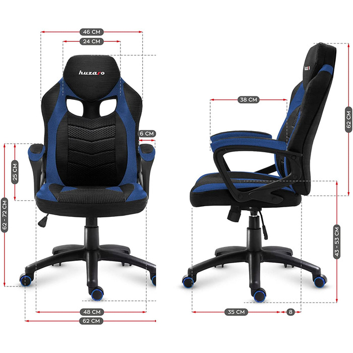 Геймерське крісло Huzaro Force 2.5 Blue Mesh, ергономічне, тканинне, чорне-синє, для комп'ютера, офісу, з регулюванням висоти та гойдалкою, навантаження до 140 кг