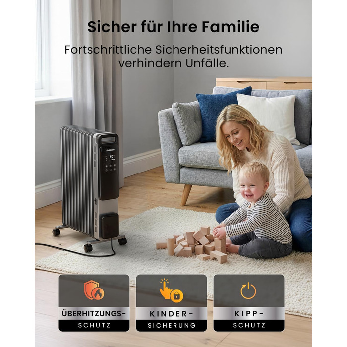 Розумний електричний масляний радіатор Pro Breeze 2500Вт, 11 секцій, з керуванням через Wi-Fi (Smart App), термостатом, таймером на 24г та сенсорним дисплеєм, сріблястий