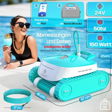 Робот-пилосос для басейну KESSER® для дна та стін (до 100 м²), з Wi-Fi керуванням та очищенням водолінії, для вбудованих басейнів, біло-бірюзовий