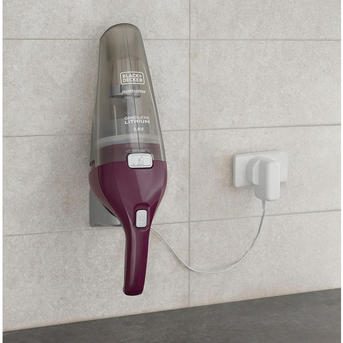 Акумуляторний ручний пилосос BLACK+DECKER Dustbuster 3.6В, безмішковий, бездротовий, широка насадка, знімний контейнер, зарядна станція з кріпленням на стіну, колір баклажан