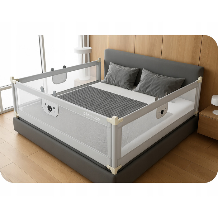 Захисний бортик у ліжко Primabobo MIŚ, 200x140 см, сірий, складаний, комплект 3 шт.