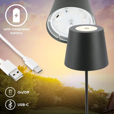 B.K.Licht Бездротова LED настільна лампа IP44 з диммером, сенсорним керуванням, акумулятором, змінною світлодіодною лампою, для спальні, читання, кемпінгу, для вулиці, антрацит, 36х10,5 см