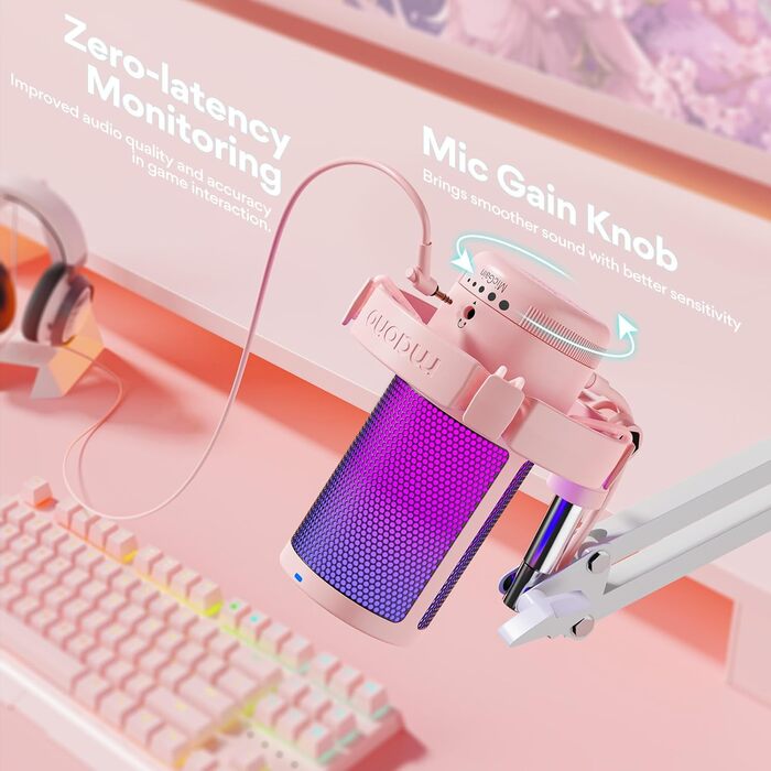 Ігровий мікрофон MAONO GamerWave DGM20S рожевий з шумопоглинанням, RGB-підсвічуванням, для ПК, стрімінгу, подкастів, YouTube, Twitch, Discord, PS5/4