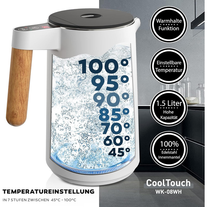 Електричний чайник BALTER з регулюванням температури, 1.5L, 2200W, нержавіюча сталь, без BPA, подвійні стінки, сірий
