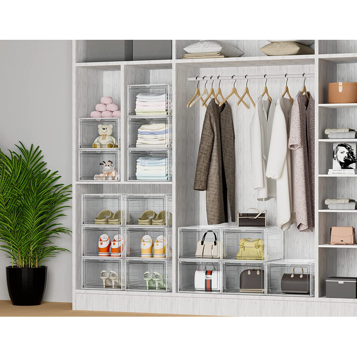 Прозорі пластикові коробки для взуття HOMIDEC, 12 шт., стійкі, з кришкою, для зберігання взуття до 46 розміру: туфлі, чоботи, кросівки