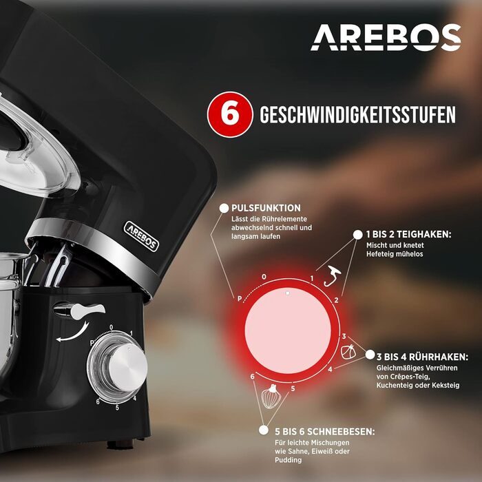 Кухонна машина Arebos 1500W чорного кольору | Міксер з 2 чашами з нержавіючої сталі 4.5 та 5.5L | Тиха робота | 6 швидкостей, набір насадок (крюк для тіста, вінчик, гак для збивання)