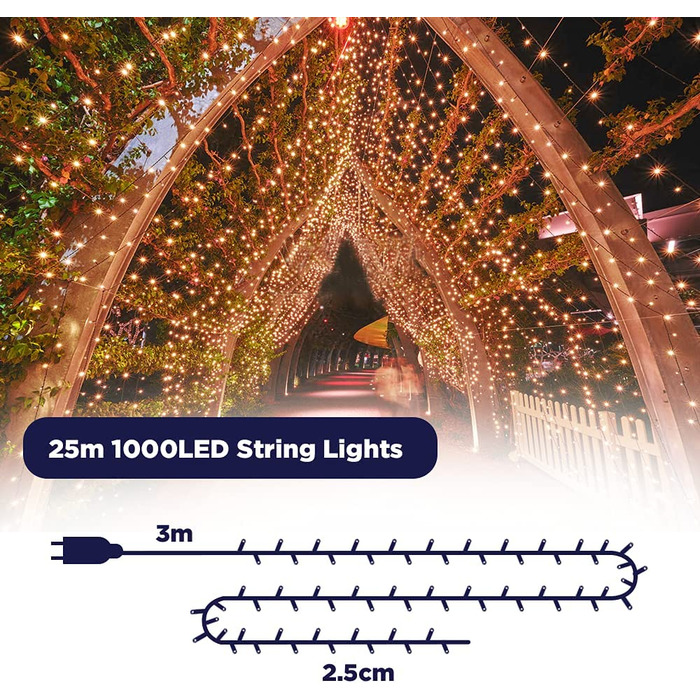 Гірлянда ELKTRY 1000 LED 25 м, теплий білий, водонепроникна, для вулиці та дому, новорічна, з адаптером, 8 режимів, для ялинки, кімнати, саду, балкона