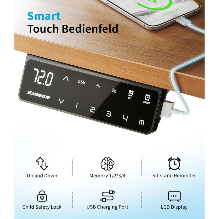 Електричний стіл MAIDeSITe T2 Pro Plus (Чорний) з регулюванням висоти, 2 мотори, 4 пам'яті, нагадування про зміну положення