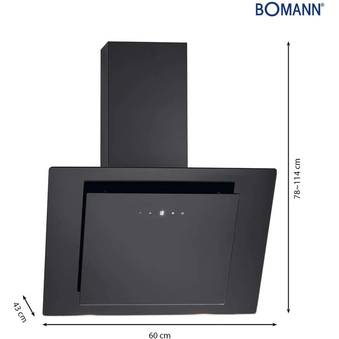 Витяжка кухонна Bomann DU 7611 G 60 см, режим рециркуляції та відведення, з кольоровим підсвічуванням, чорна глянцева