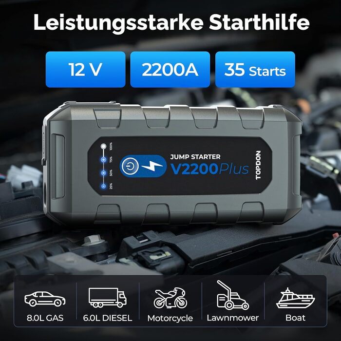 Пусковий пристрій TOPDON V2200 Air Jump Starter з компресором 150 PSI, бустер для авто (бензин 8L, дизель 6L), павербанк 2200А з LED-ліхтарем
