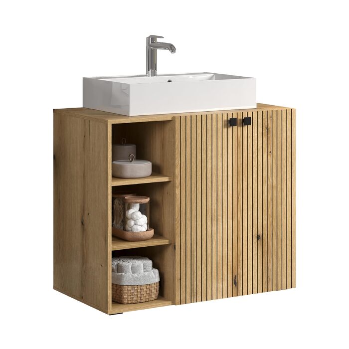 Тумба під раковину на колесахх trendteam PureBliss, 80x64x42 см, дуб Evoke, з 2 відкритими полицями та металевими ручками