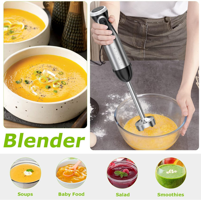 Занурювальний блендер Bonsenkitchen 2-в-1, електричний, 20 швидкостей, з насадкою вінчик, нержавіюча сталь, для супів, смузі, пюре, дитячого харчування, чорний