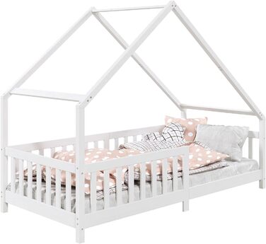 Дитяче ліжко-будиночок IDIMEX CORA з масиву сосни, 90x200 см, Montessori, з бортиками та дахом, біле