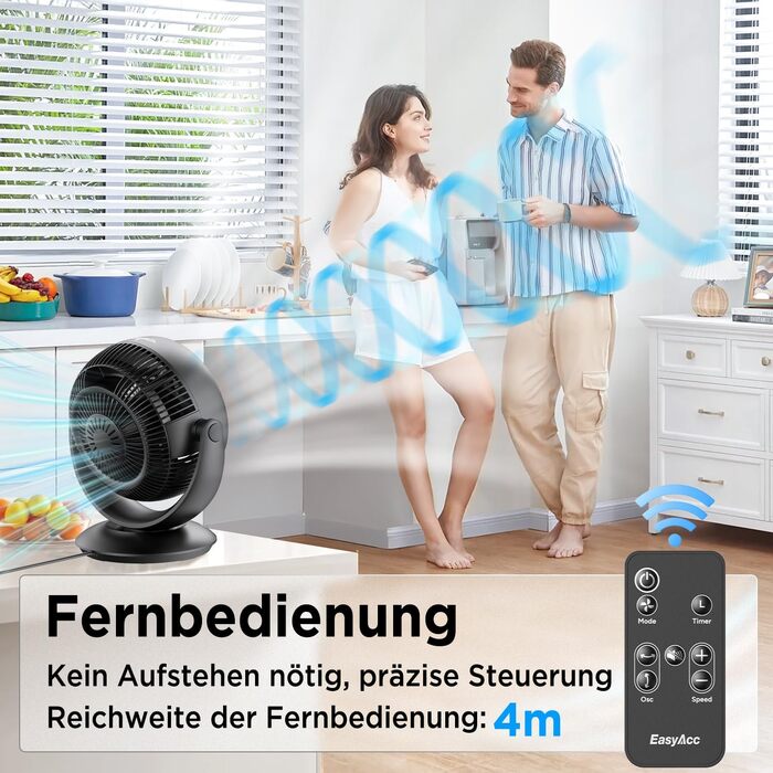 Вентилятор настільний EasyAcc тихий 25дБ з автоколиванням 90°, 3D-турбо, пульт, 3 швидкості, таймер 2-12 год, чорний