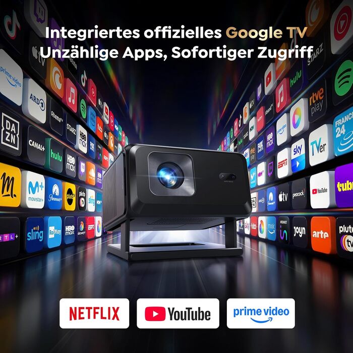 Проектор Google TV Beamer 4K Smart: Кінотеатр вдома 1080P FHD, Автофокус, Трапецеїдальна корекція, WiFi, Bluetooth, Портативний, Чорний