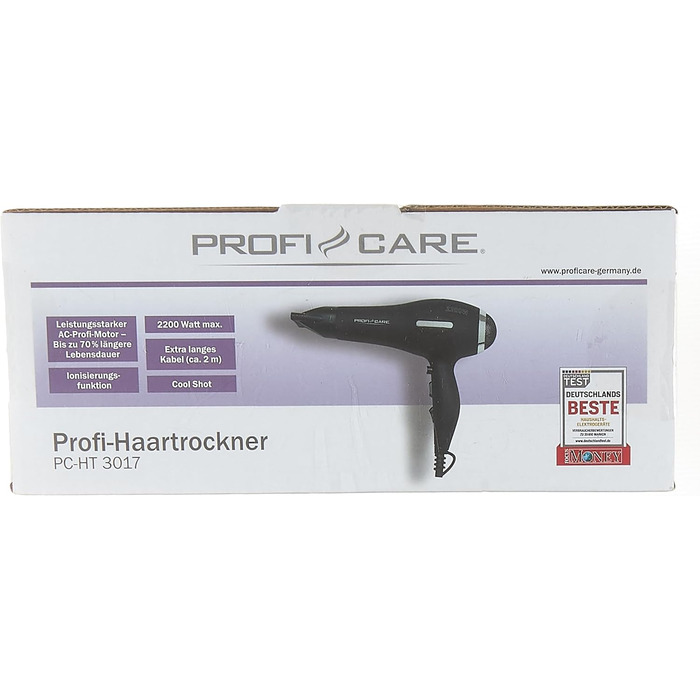 Фен ProfiCare PC-HT 3017, 2200 Вт, з функцією холодного повітря, захистом від перегріву, професійний мотор, чорний, довжина кабелю 2 м, Soft-Touch корпус