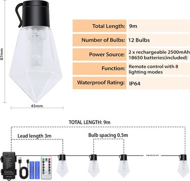 LED гірлянда для вулиці на батарейках з таймером, 9м, 12 лампочок ST64, USB зарядка, 5000mAh, для декору саду, вечірки, весілля, Різдва