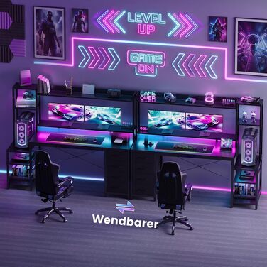 Ігровий стіл YOUDENOVA з LED-підсвіткою, шухлядами та полицями, 150x48 см, з розеткою та USB-портами, підставкою для монітора та тримачем для навушників, вуглецеве волокно, чорний