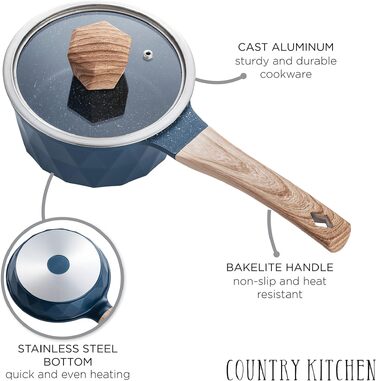 Набір посуду індукційного Country Kitchen Navy Diamond 13 предметів: каструлі та сковороди з антипригарним алюмінієвим покриттям, бакелітові ручки, скляні кришки (синій)