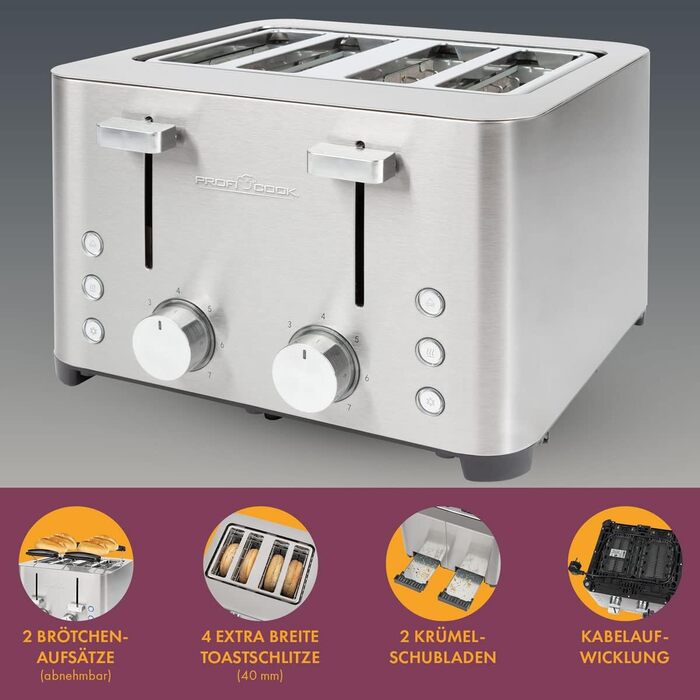 Тостер ProfiCook 4-слотовий, нержавіюча сталь, 1500 Вт, широкий слот, підставка для булочок, 7 режимів підсмажування, зйомна крихтова підставка, PC-TA 1252