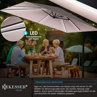 Сонцезахисна парасоля KESSER Holly прямокутна з LED-підсвіткою на сонячних батареях, алюмінієва, водовідштовхувальна, з чохлом і захистом від вітру, з ручкою-крутилкою, UV-захист, 350 см, колір таупе