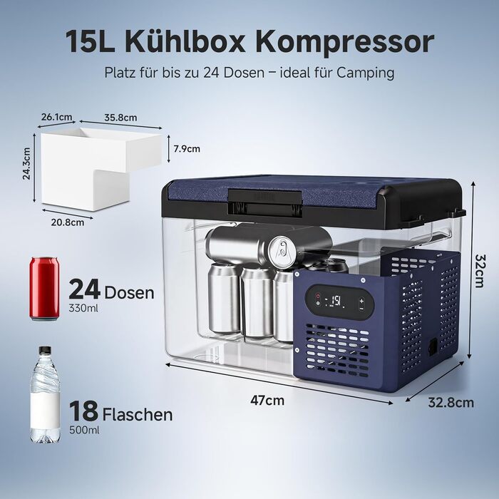 Автомобільний компресорний холодильник AAOBOSI 15л, IPX4, 12/230V, з Wi-Fi керуванням (-20°C до +20°C) для авто, кемпінгу, риболовлі