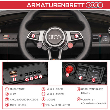 Електромобіль Kinder Audi з пультом дистанційного керування 2.4G, музикою, звуком клаксона, LED-підсвічуванням, USB-роз'ємом, для дітей 3-5 років, чорного кольору.