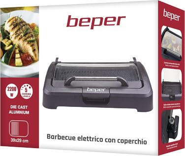 Електрогриль BEPER 90.871 з кришкою, антипригарна поверхня, нержавіюча сталь, 2200 Вт, чорний