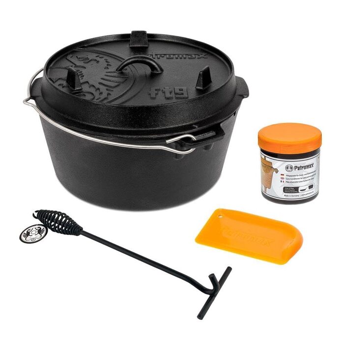 Набір Dutch Oven Petromax Feuertopf ft9-t: чавунний казан 7,5 л з плоским дном, підставкою, піднімачем кришки, пастою для догляду та скребком для гриля та відкритого вогню