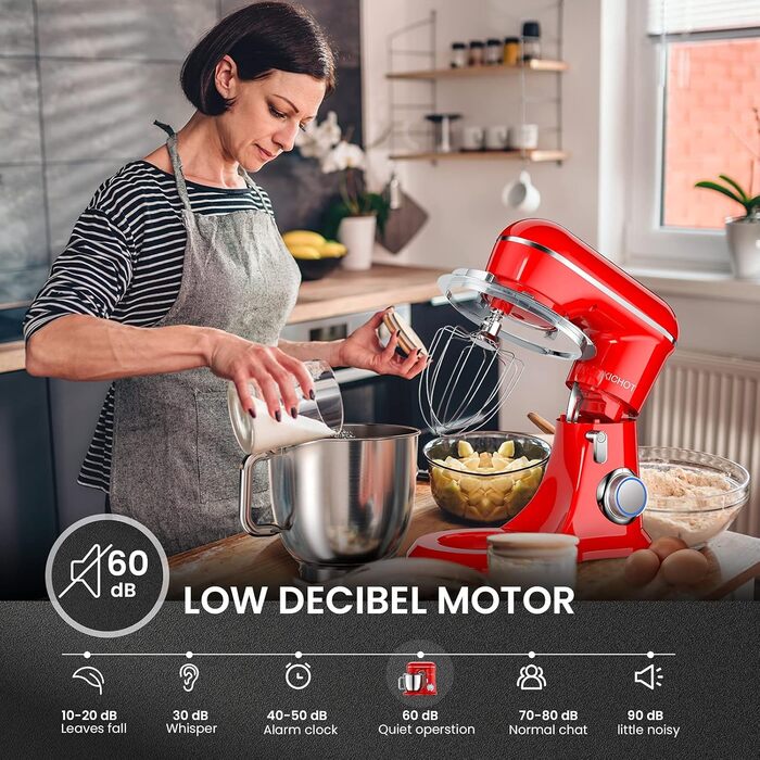 Кухонна машина KICHOT 4,5L з 10 швидкостями, міксер для випічки, тіста, торти, печиво, роторний гак, лопатка, захист від бризок