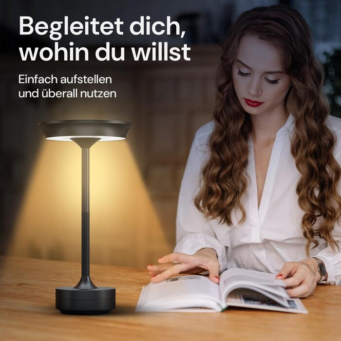LED настільна лампа Designgold бездротова - стильний дизайн з акумулятором та USB-C - 3 кольори світла та регулювання яскравості - бездротова свобода для використання в приміщенні та на вулиці - акумуляторна, чорна