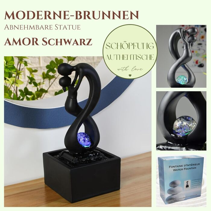 Кімнатний фонтан Zen'Light Amor чорного кольору з LED-підсвічуванням - сучасний декор, знімний елемент, закритий цикл, ротова куля, 31x14x14 см