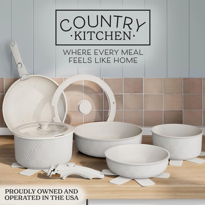 Набір посуду Country Kitchen (13 предметів): каструлі та сковороди з антипригарним покриттям, знімною ручкою, підходять для духовки та кемпінгу (Rhombus, кремовий)