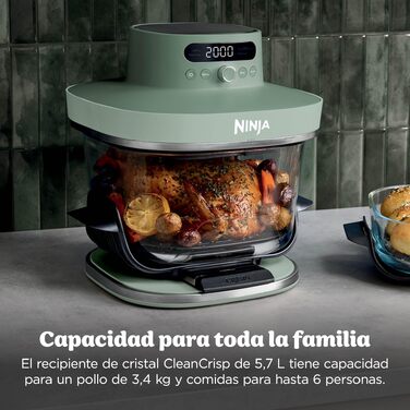 Скляна аерофритюрниця Ninja CRISPi PRO XL Air Fryer з 5 функціями, контейнерами CleanCrisp (5,7 л та 2,3 л) та кришкою для зберігання, колір моховий зелений, AS090EUGN