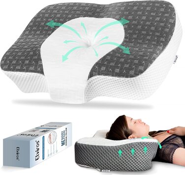 Ортопедична подушка Elviros з піни Memory Foam для шиї та плечей, ергономічна подушка проти хропіння, для сну на боці, темно-сіра 60x38,6x9,9/13,5 см