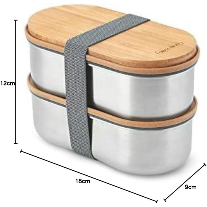 Ланч-бокс Bento BLACK+BLUM з нержавіючої сталі та бамбуковою кришкою, 2x500 мл, герметичний, з вилкою, розділювачем і обробною дошкою, Sara Kiyo Popowa Edition, для дорослих